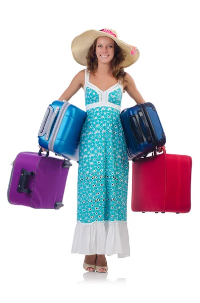 Mulher indo para férias de verão isolado em branco — Fotografia de Stock