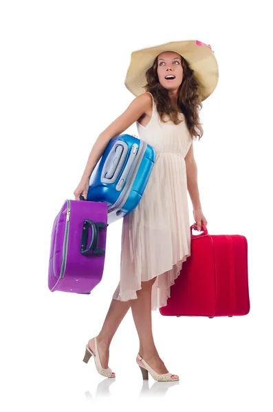 Woman going to summer vacation isolated on white — Stock Photo, Image