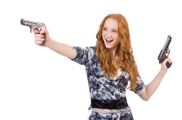 Young woman soldier with gun on white — Stock Photo, Image