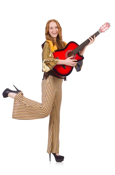 Young girl with guitar on white — Stock Photo, Image