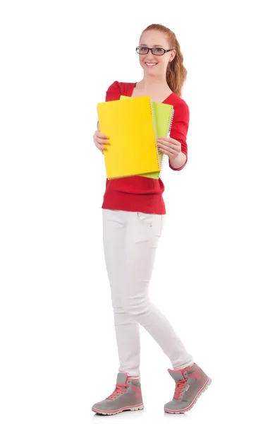 Joven estudiante con libros sobre blanco — Foto de Stock