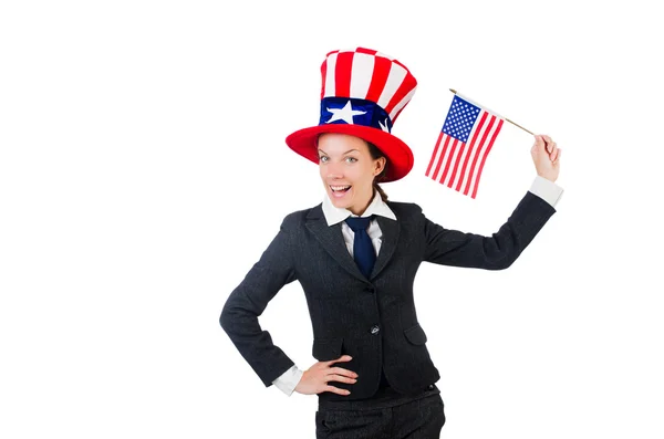 Young woman with american symbols on white — Stock Photo, Image