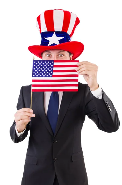 Hombre con bandera americana aislado en blanco — Foto de Stock