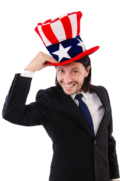 Hombre con bandera americana aislado en blanco —  Fotos de Stock