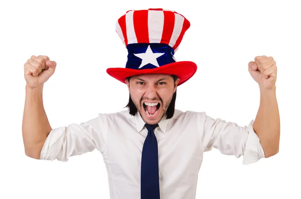 Hombre con bandera americana aislado en blanco —  Fotos de Stock