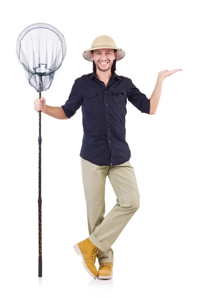 Funny guy with catching net on white — Stock Photo, Image