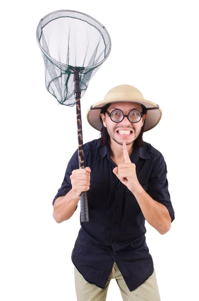 Funny guy with catching net on white — Stock Photo, Image