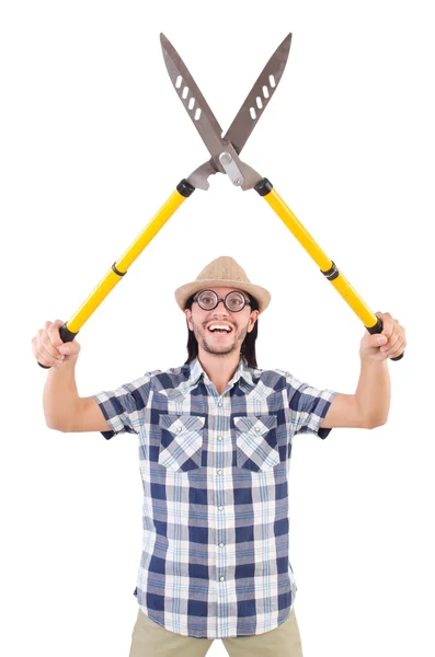 Смешной парень с садовыми ножницами на белом — стоковое фото
