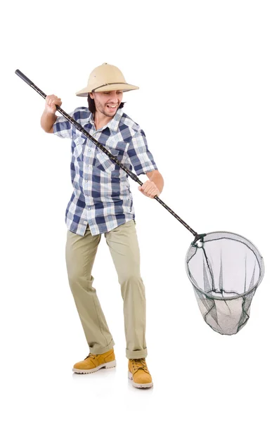 Funny guy with catching net on white — Stock Photo, Image