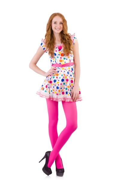 Young model with pink stockings on white — Stock Photo, Image