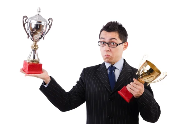 Funny guy receiving award on white — Stock Photo, Image