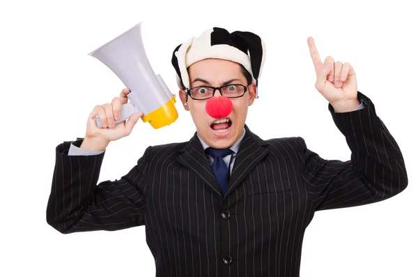 Businessman clown with loudspeaker on white — Stock Photo, Image