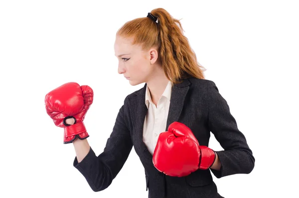 Woman businesswoman with boxing gloves on white — Stock Photo, Image