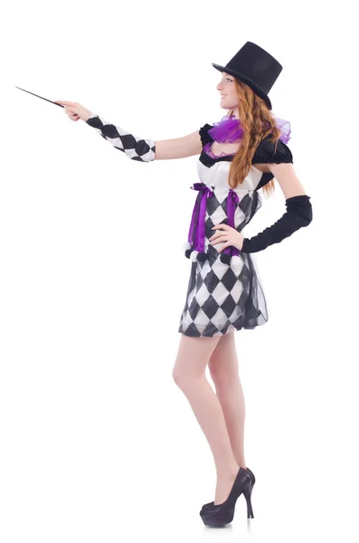 Magician woman with wand on white — Stock Photo, Image