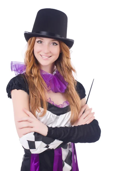 Magician woman with wand on white — Stock Photo, Image