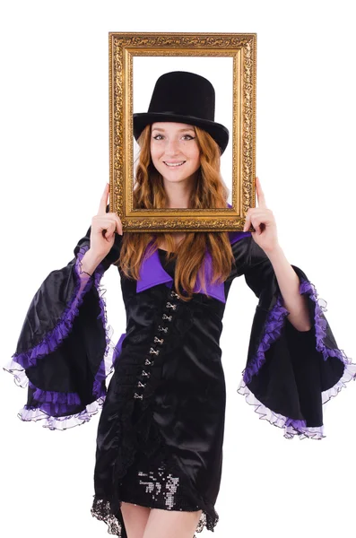 Woman with picture frame on white — Stock Photo, Image