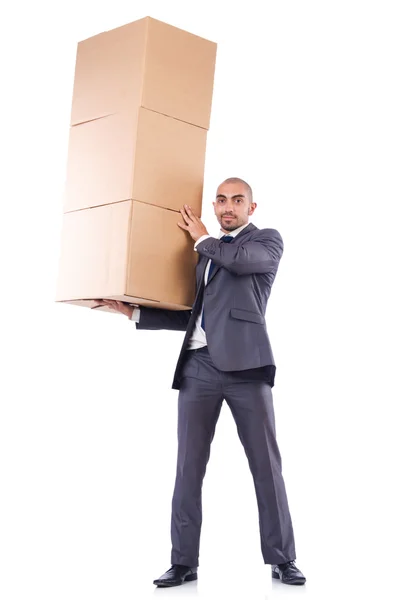 Businessman with box isolated on the white — Stock Photo, Image