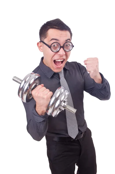 Hombre de negocios divertido con mancuernas aisladas en blanco — Foto de Stock