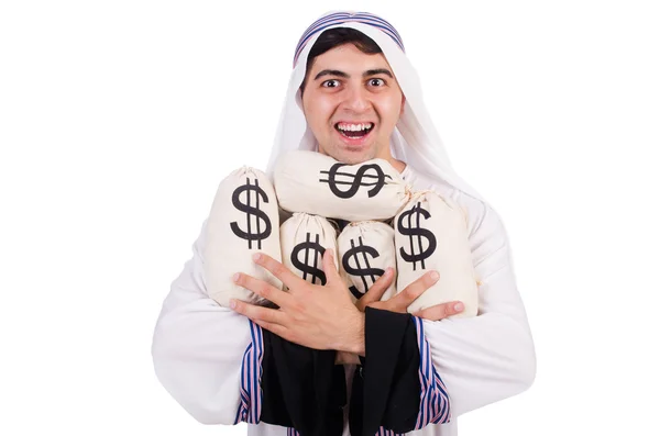 Arab man with money sacks isolated on white — Stock Photo, Image