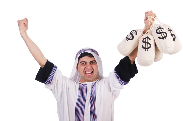 Arabisk man med pengar säckar isolerade på vitt — Stockfoto
