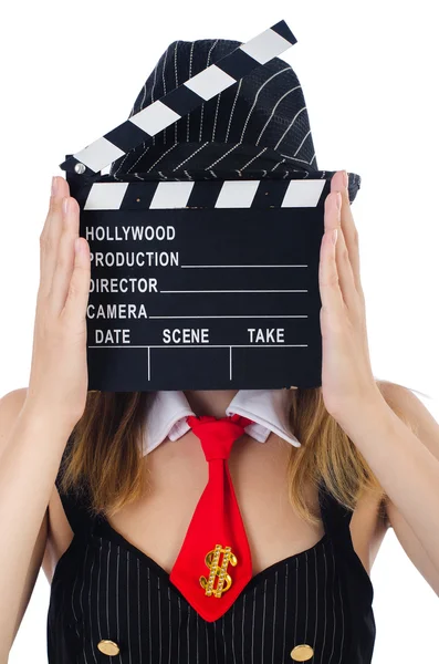 Frau Gangster mit Filmtafel auf weiß — Stockfoto