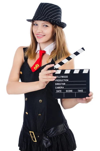 Frau Gangster mit Filmtafel auf weiß — Stockfoto