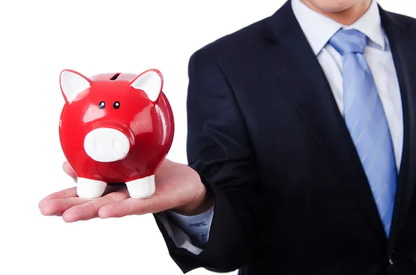 Homem com piggybank isolado em branco — Fotografia de Stock