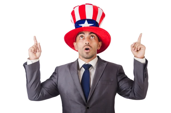 Homem com chapéu americano sobre branco — Fotografia de Stock