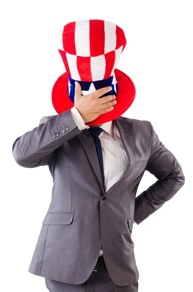 Człowiek z amerykańskich kapelusz na białym tle — Zdjęcie stockowe