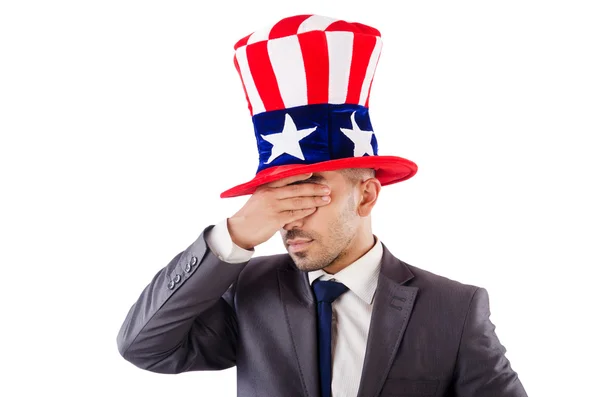 Man med amerikansk hatt på vit — Stockfoto