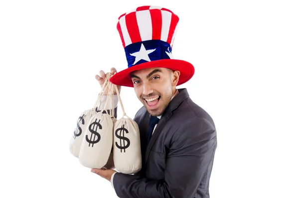 Hombre con sacos de dólar en blanco — Foto de Stock