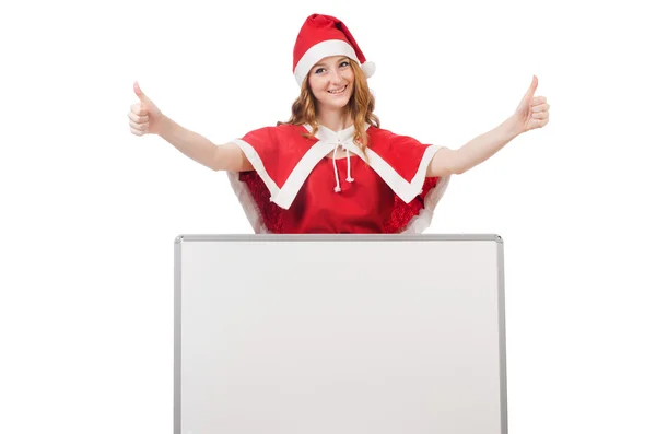 Jovem no traje vermelho do Papai Noel com placa em branco — Fotografia de Stock