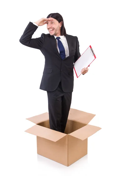 Joven empresario en el pensamiento fuera de concepto de caja — Foto de Stock