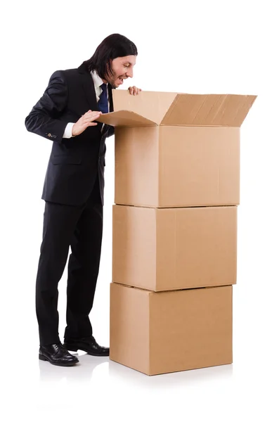 Funny man with boxes on white — Stock Photo, Image