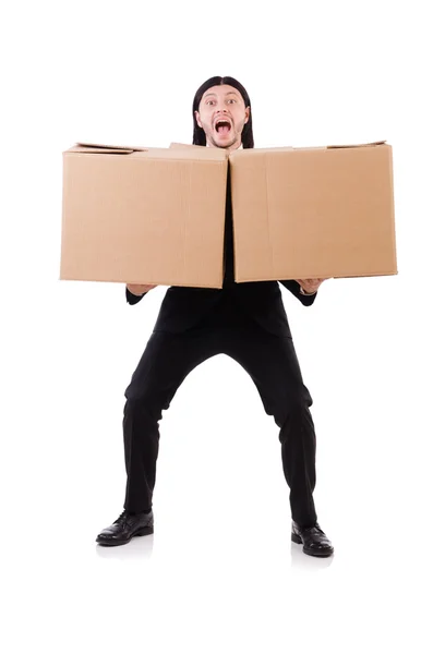 Vtipný muž s krabicemi na bílém — Stock fotografie
