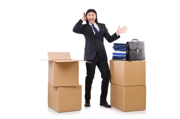 Homem com caixas cheias de trabalho — Fotografia de Stock