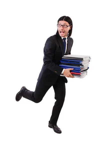 Funny man with lots of papers on white — Stock Photo, Image