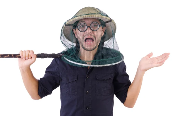 Funny guy with catching net on white — Stock Photo, Image