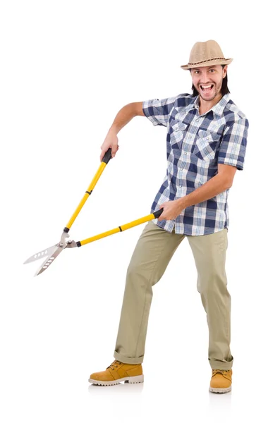 Смішний хлопець з садовими ножицями на білому — стокове фото