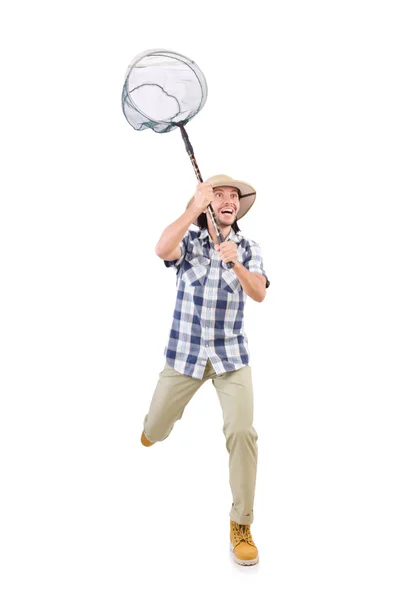 Homme drôle avec filet attrapant sur blanc — Photo