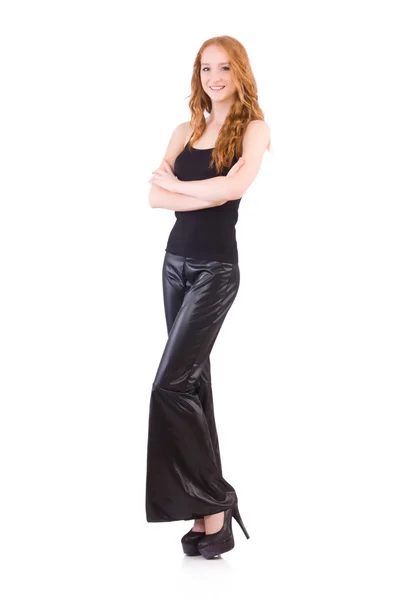 Mulher ruiva em calças de fundo de sino preto em branco — Fotografia de Stock