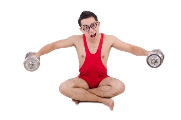 Komik adam beyaz dumbbells ile egzersiz — Stok fotoğraf
