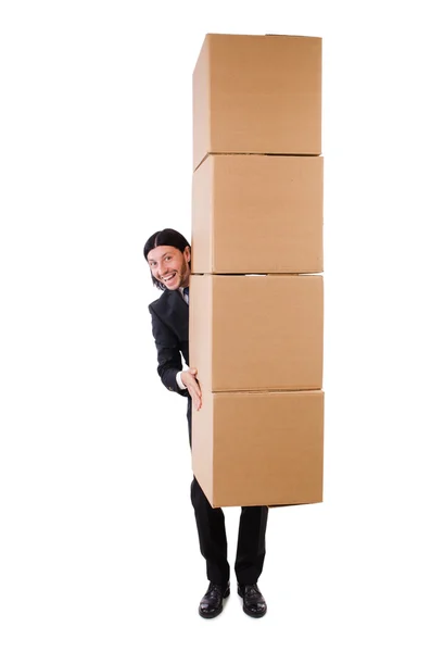Funny man with boxes on white Royalty Free Stock Photos