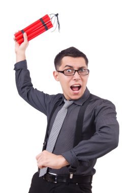 Dinamiti olan bir iş adamı beyazda izole edilmiş.