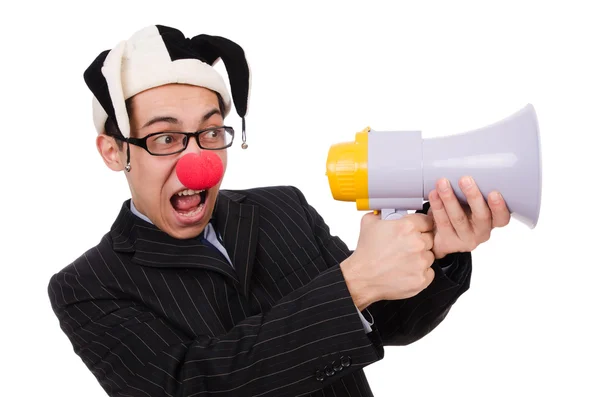 Clown uomo d'affari con altoparlante su bianco — Foto Stock