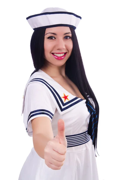 Mulher comissária de bordo com o polegar para cima gesto — Fotografia de Stock