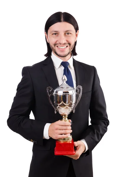Empresario galardonado con premio taza aislado en blanco — Foto de Stock