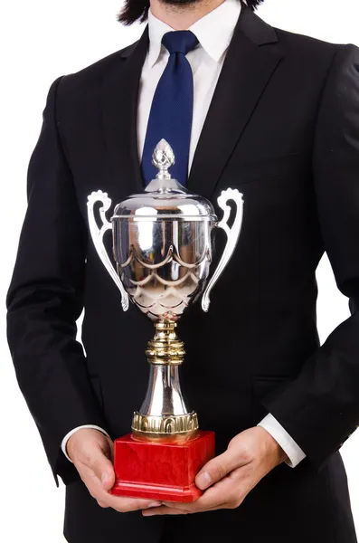 Üzletember elnyerte a díjat kupa elszigetelt fehér — Stock Fotó