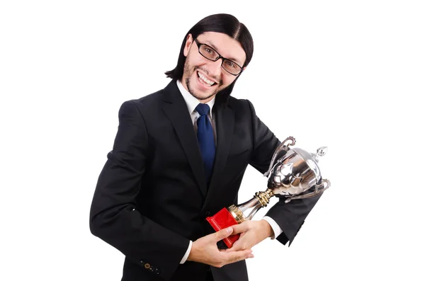 白地に隔絶された賞金杯を授与されたビジネスマン — ストック写真