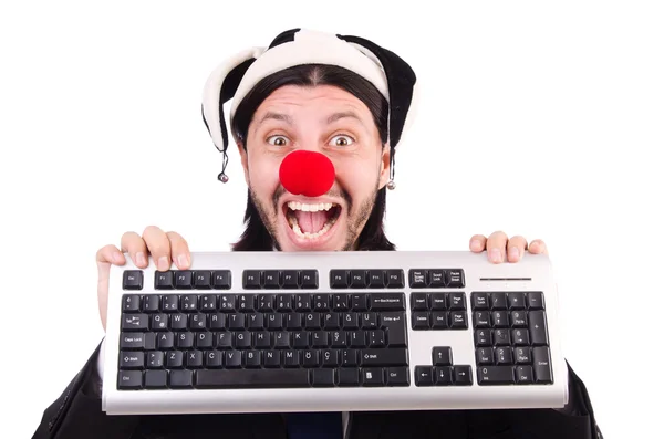 Clown drôle avec clavier isolé sur blanc — Photo